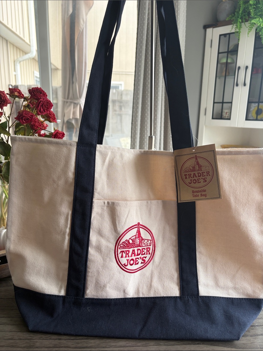 Trader Joe's Cream and Navy Canvas Tote